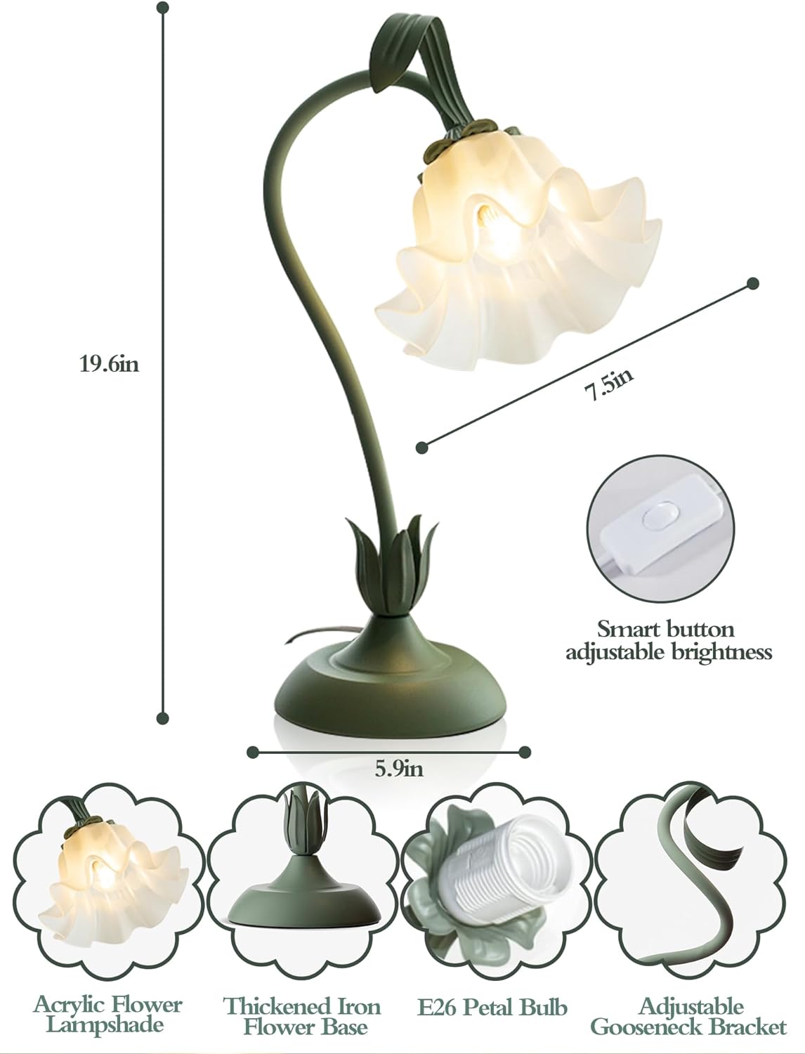Flower Table Lamp, LED Reading Light Bedside Vintage Night Light (Green)