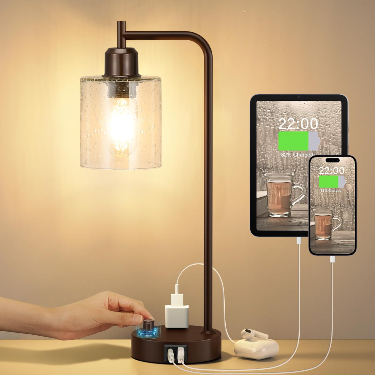 Industrial Desk Lamp, Fully Dimmable Small Bedside Table Lamp, Black, USB C