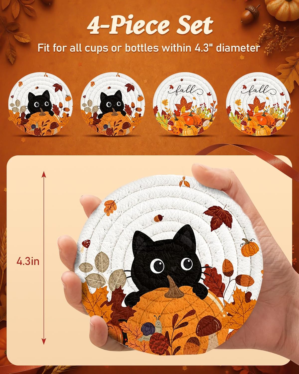 4Pcs Braided Cotton Fall Coasters with Holder, Cat & Pumpkin Decor