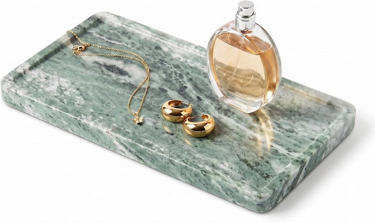 Green Marble Tray – 12" x 6.5" Decorative Vanity Tray for Bathroom, Countertop, Jewelry, Candles, Kitchen | Natural Stone Organizer for Makeup, Perfume, Skincare & Home Décor