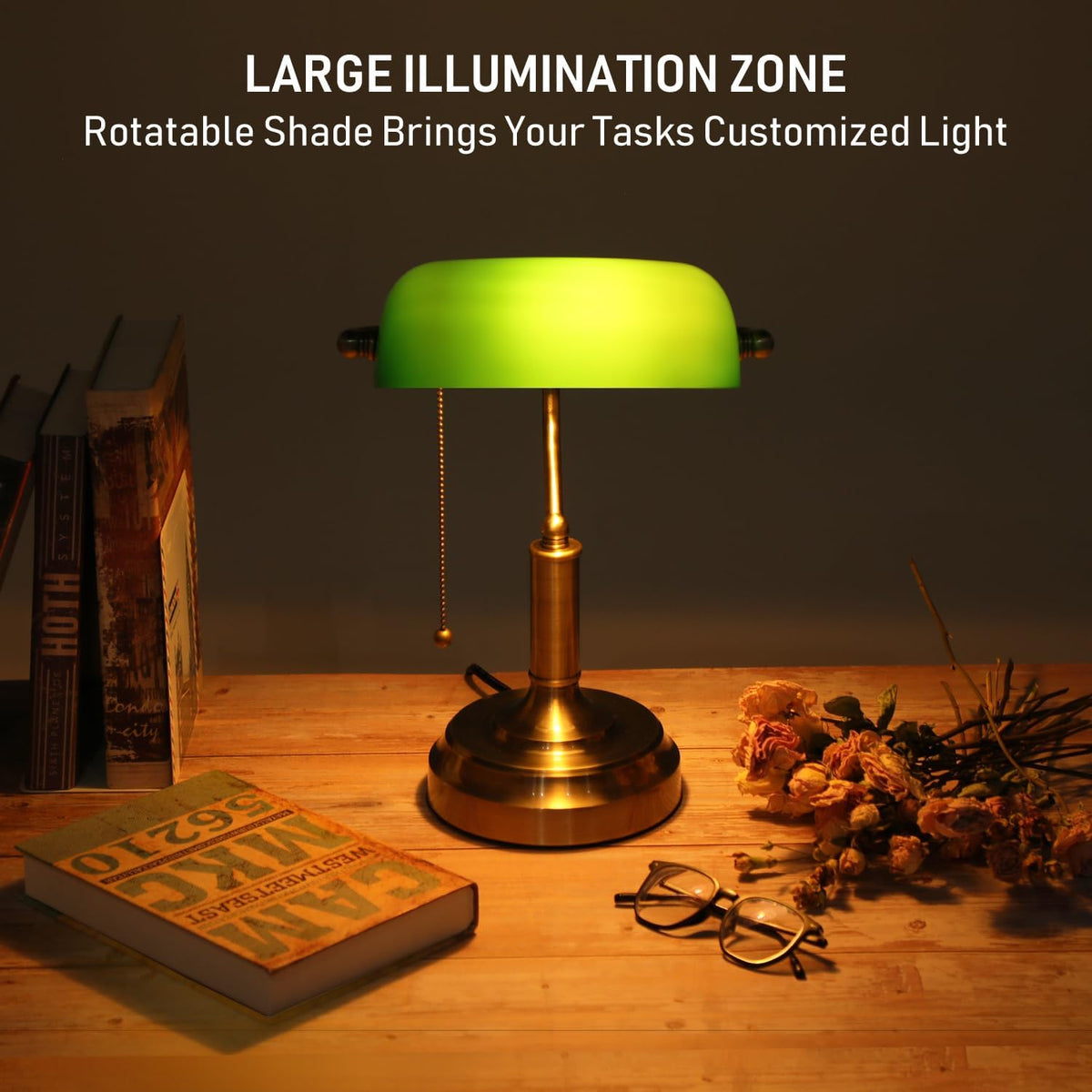 TORCHSTAR Green Glass Bankers Desk Lamp with Pull Chain, E26 Base