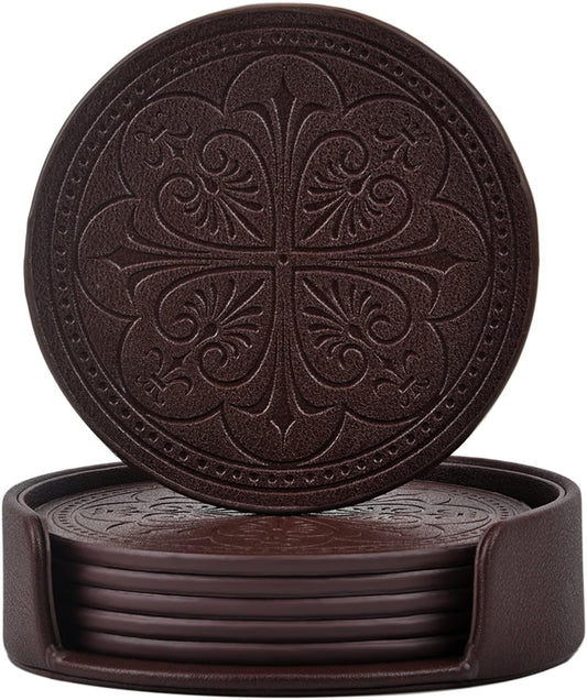 Drink Coasters,PU Leather Bar Beer Beverage Coaster for Drinks Set of 6 with Holder Coasters for Wooden Table Coffee Table Absorbent, Easy Clean Cup Coaster Easter Housewarming Gifts