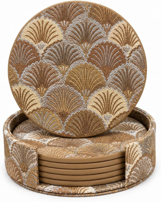 4 Inches Art Deco Coasters Set of 6 with Holder, Mocha