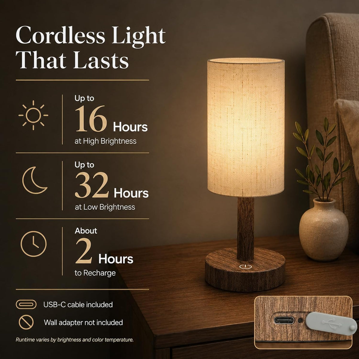 Small Rechargeable Cordless Table Lamp, Nightstand to Desk, Dark Walnut