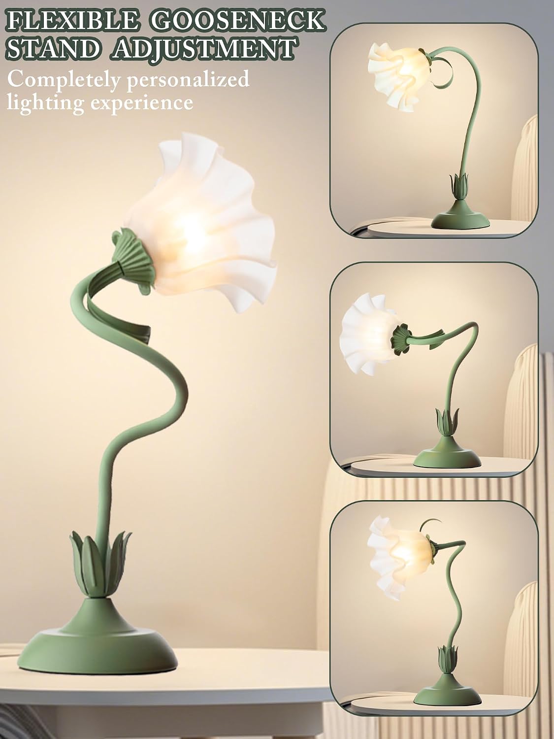 Flower Table Lamp, LED Reading Light Bedside Vintage Night Light (Green)