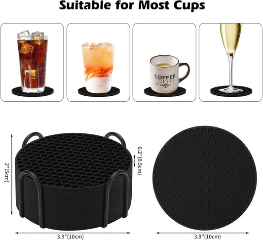 TWTLi 8-Pack Silicone Drink Coasters with Holder, Non-Slip Coaster Set for Coffee Table, Kitchen & Office, Protect Furniture from Water Rings, Heat & Spills, Black