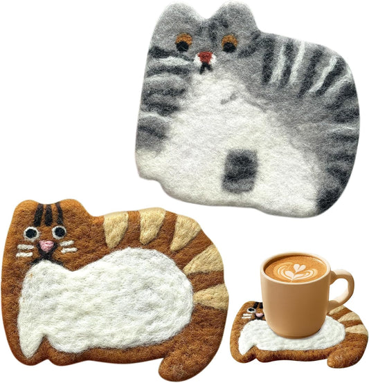 Cute Wool Cat Coasters - 2 Pack Brown and Cow Cat Coasters for Desk, Heat Insulation, Moisture Absorbent, Handmade Wool Felt, for Office Home, Christmas Housewarming - Set of 2