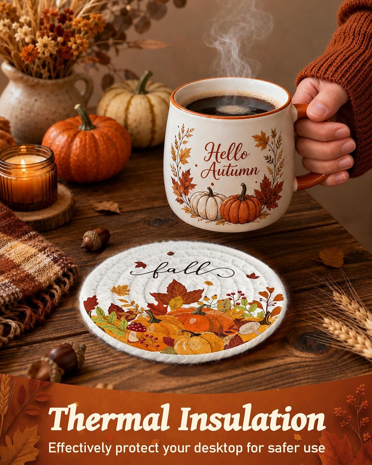 4Pcs Braided Cotton Fall Coasters with Holder, Cat & Pumpkin Decor