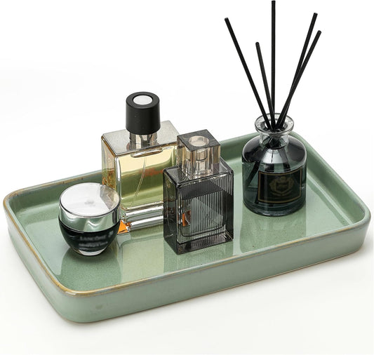 10"×6"×1" Bathroom Vanity Tray for Countertop- Ceramic Decorative Organizer Tray for Dresser Tops, Toilet, Perfume, Sponge Holder Soap Dish Dispenser for Kitchen Counter- Kiln-Transformed Green