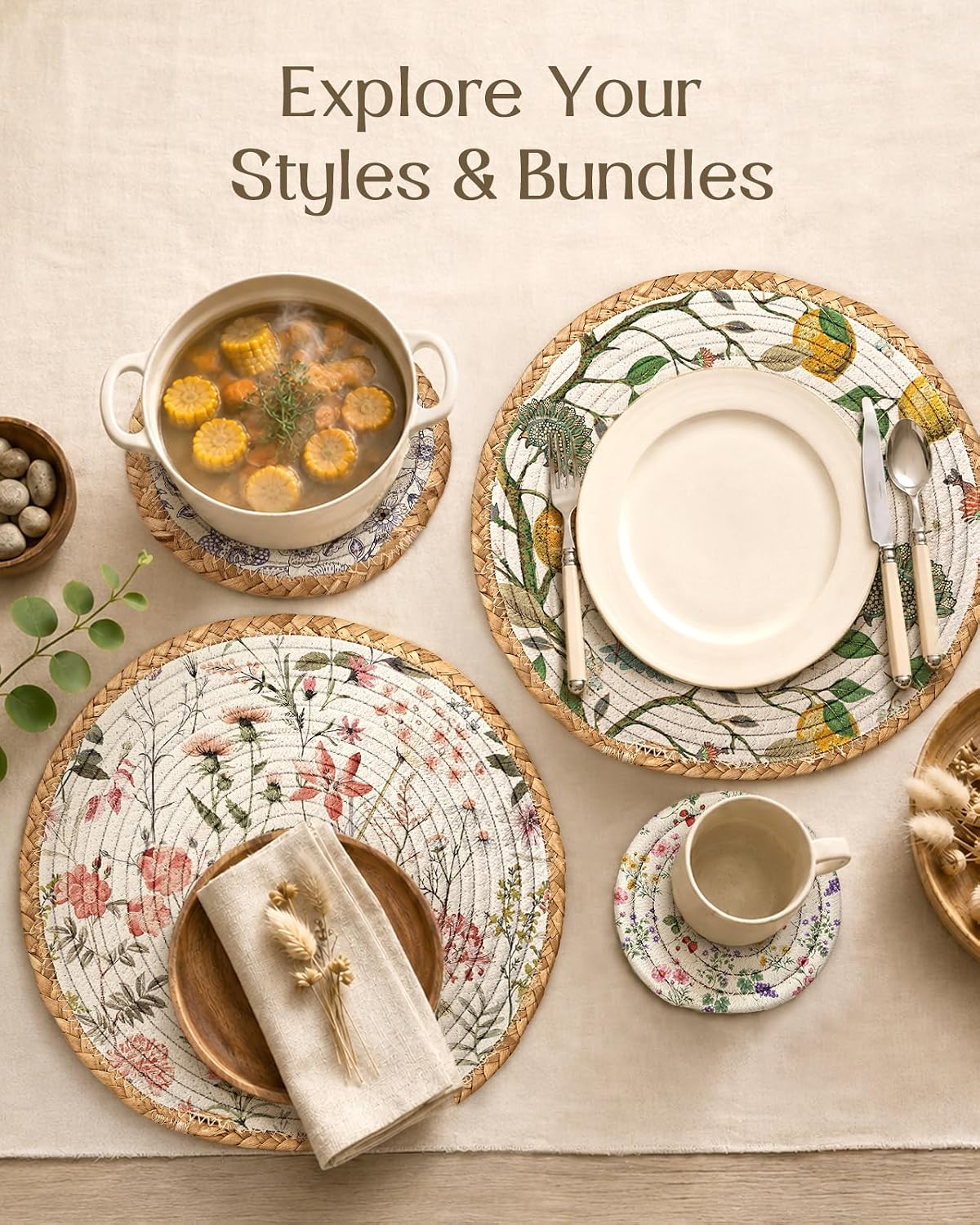 Heat Resistant Table Mats for Kitchen, Coasters, Pink Floral