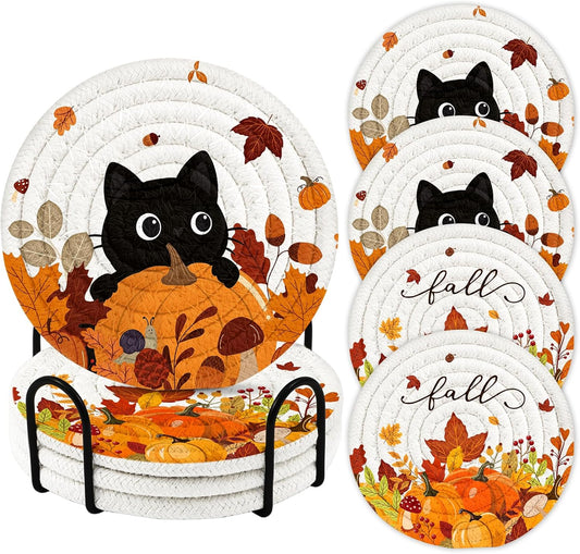 4Pcs Braided Cotton Fall Coasters with Holder, Cat & Pumpkin Decor