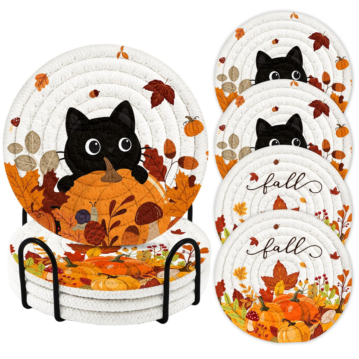 4Pcs Braided Cotton Fall Coasters with Holder, Cat & Pumpkin Decor