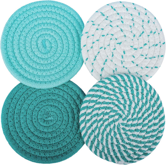 4.8 Inch Drink Coasters Set of 4, Large Fabric Cotton Absorbent Coasters for Drinks, Handmade Woven Cup Coaster for Desk, Minimalist Boho Coaster for Coffee Table Kitchen Decor (Colorful Green)