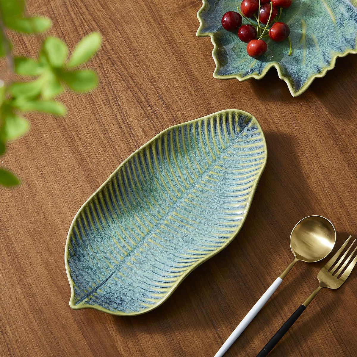 11" Green Ceramic Leaf Decorative Tray, Reactive Glaze Stoneware
