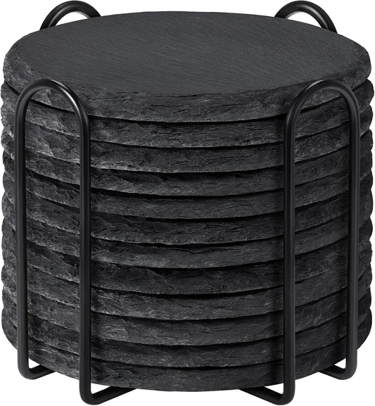 Slate Coasters with Holder, MAPRIAL 4 Inch Coaster Set of 12 Round Black Slate Stone DIY Coasters with Anti-Scratch Backing for Halloween Christmas, Bar, Kitchen, Home Decor, Gifts for Mom, Dad