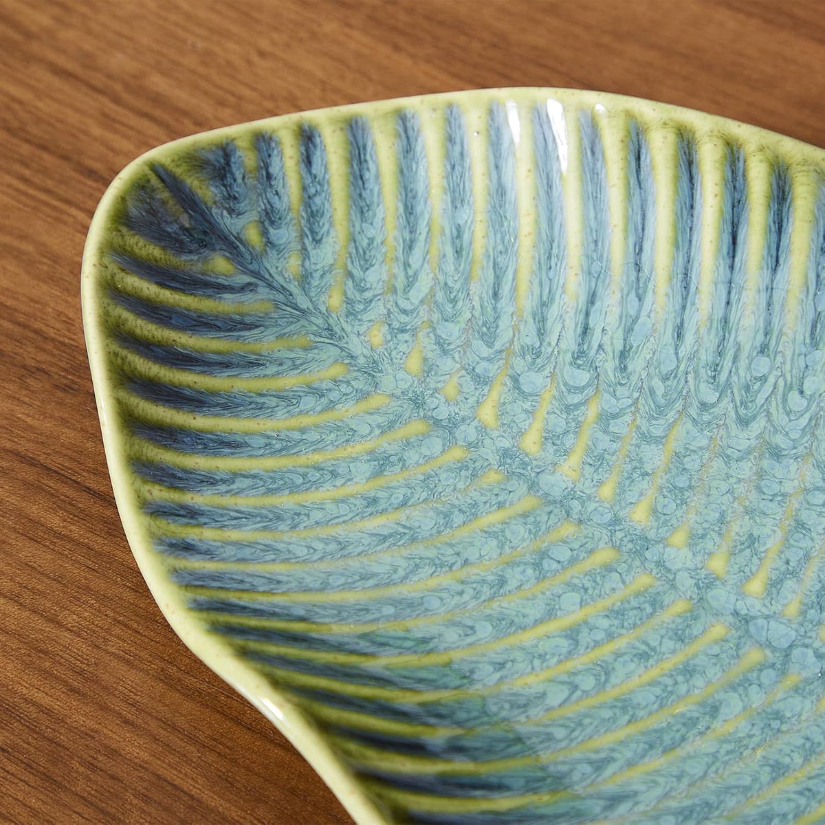 11" Green Ceramic Leaf Decorative Tray, Reactive Glaze Stoneware