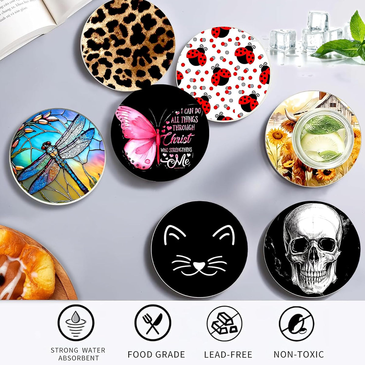 2PcsCat Ceramic Coasters with Cork Base Absorbent Cup Mat for Drinks