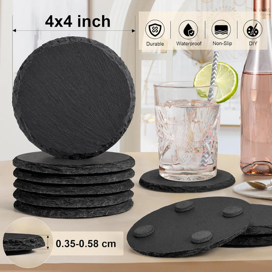 Slate Coasters with Holder, MAPRIAL 4 Inch Coaster Set of 12 Round Black Slate Stone DIY Coasters with Anti-Scratch Backing for Halloween Christmas, Bar, Kitchen, Home Decor, Gifts for Mom, Dad