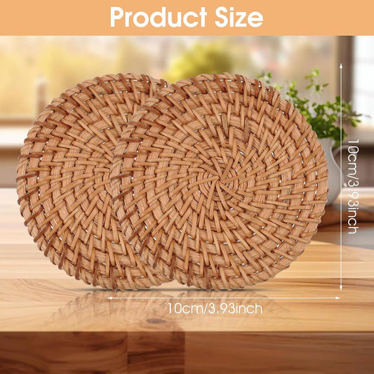 Oruola 2pcs Natural Woven Coasters,Rattan Coasters,3.93In Round Wicker Coasters,Boho Coasters Heat-resistant Drink Coasters for Coffee Table Housewarming Gifts Hot Drinking Home Decor Protecting Table