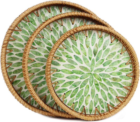 Round Rattan Serving Trays with Mother of Pearl Inlay, Set of 3, Green