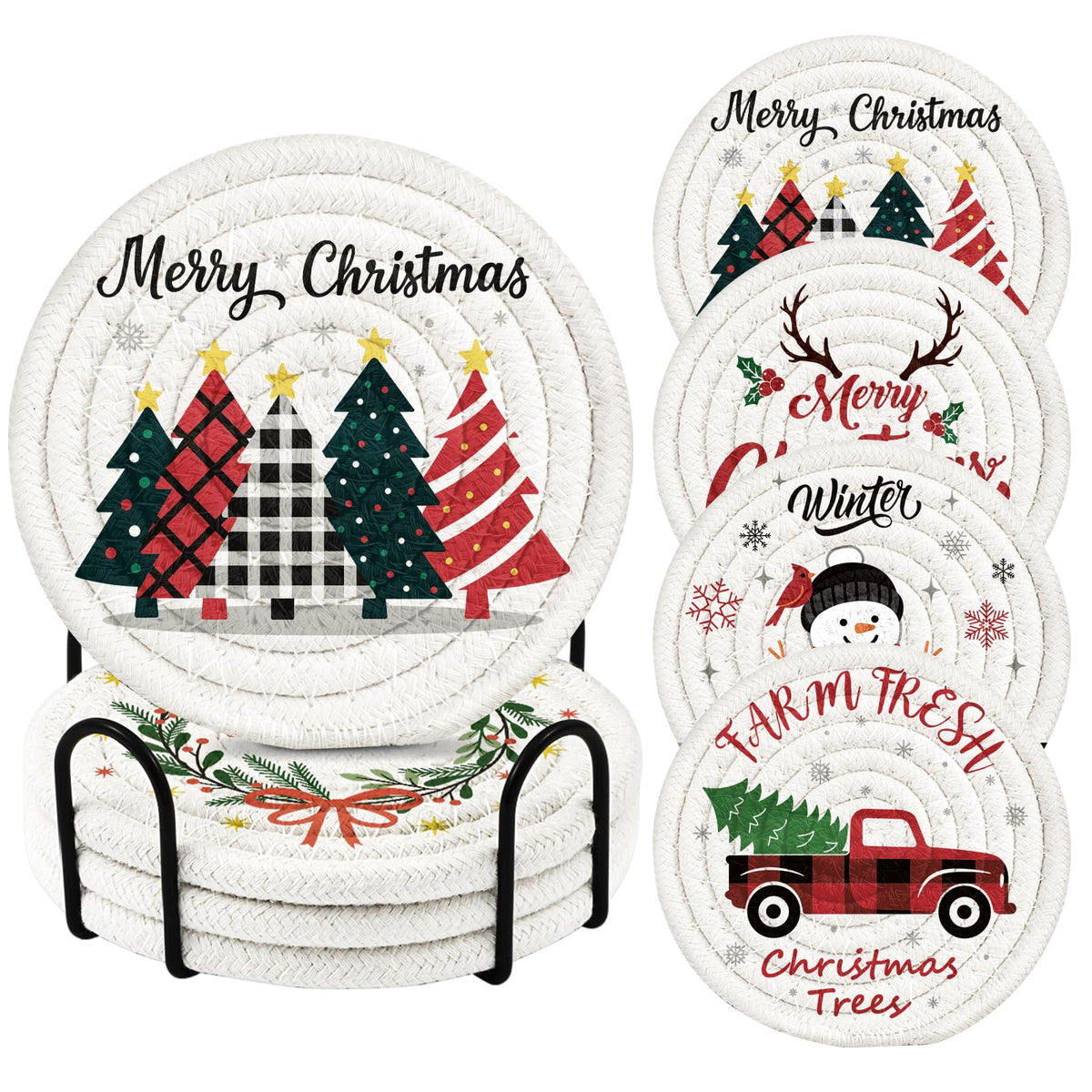 4Pcs Braided Cotton Fall Coasters with Holder, Cat & Pumpkin Decor