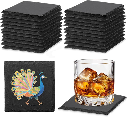 24 PCS Slate Coasters Black Square 4 Inch Bulk Rock, Blank Laser Engraving, Scratch Resistant Bottom, Home Office Kitchen Gift Wedding Bar Party